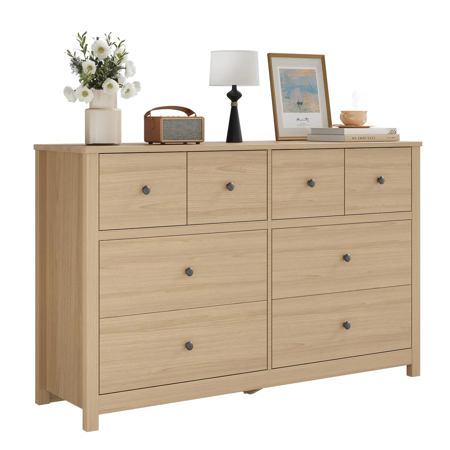 HiMISS Modern 8 Drawer Dresser Oak Wood Grain Storage Chest