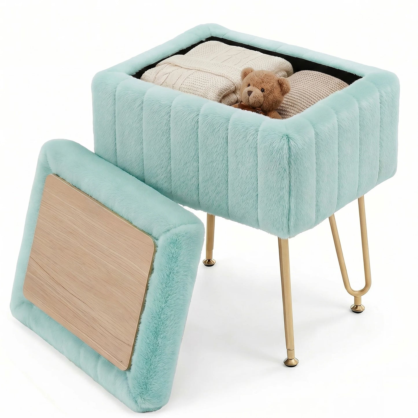 JHK Faux Fur Ottoman Vanity Stool With Storage