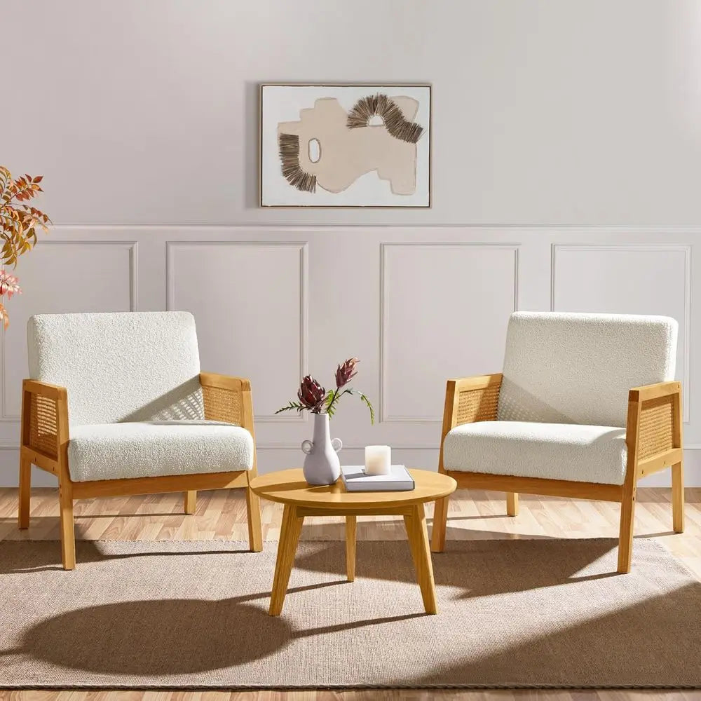 Rattan Accent Chairs Set of Two Boho Boucle Reading Chairs