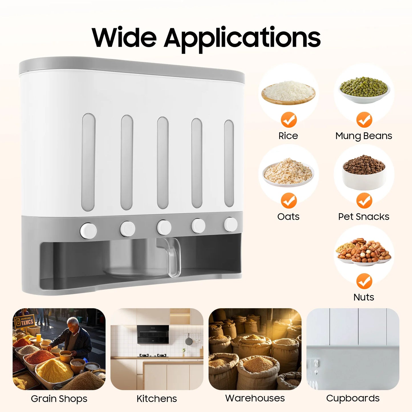 Wall Mounted 5-Compartment Rice Dispenser And Food Storage