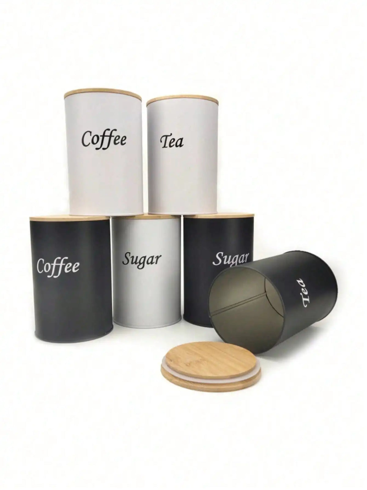Farmhouse Coffee Tea Sugar Canister Set With Wooden Lids