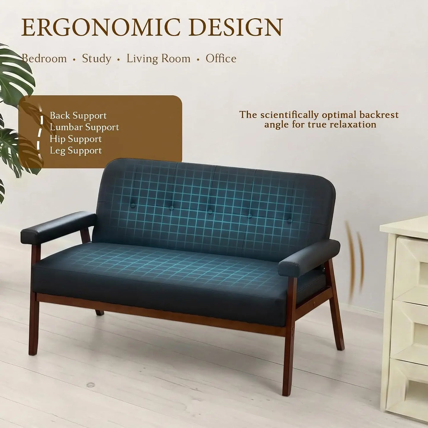 Mid Century Modern Faux Leather Office Loveseat With Wood Arms
