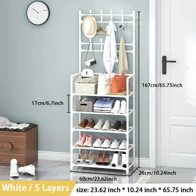 Entryway Shoe and Accessory Rack With Double Row Hooks