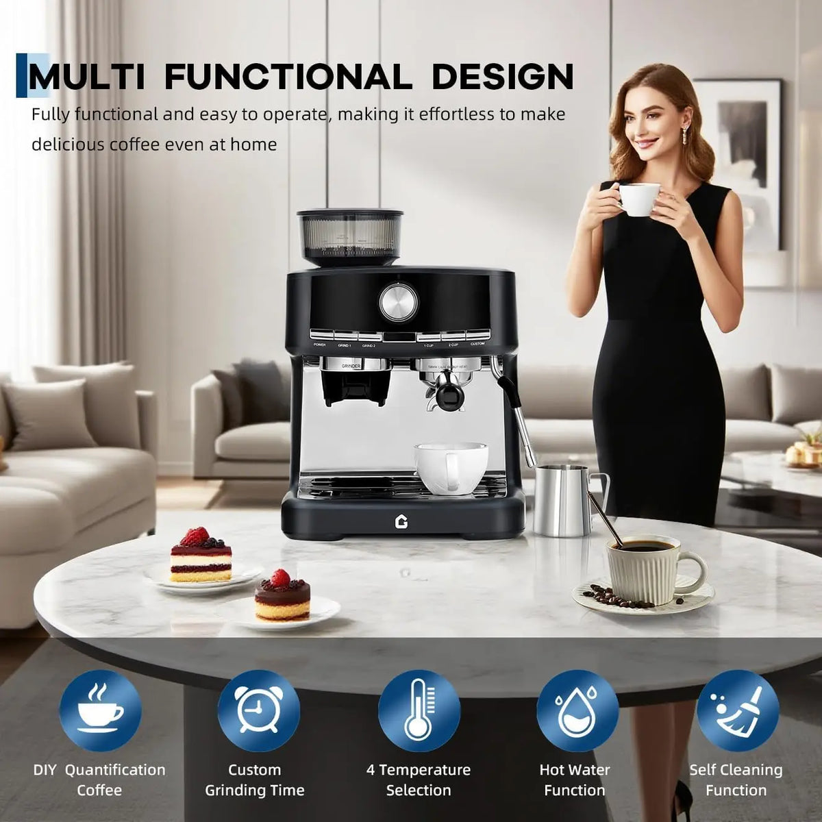Espresso Machine With Grinder And Steam Wand, 20 Bar Pressure