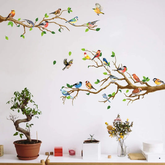 Hummingbird Tree Branch Wall Sticker Green Leaves Vinyl Decal