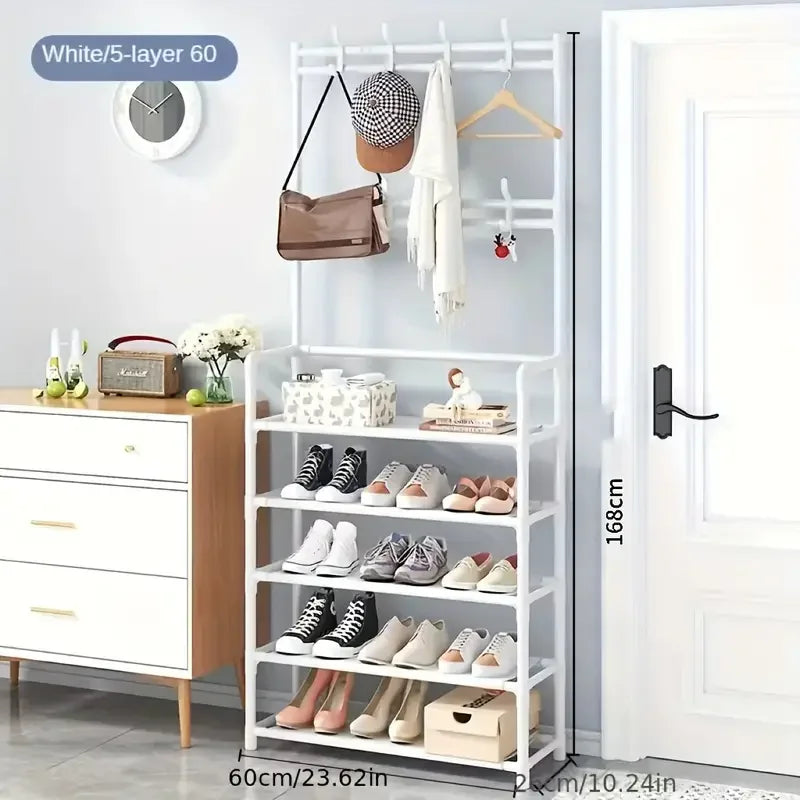 Entryway Shoe and Accessory Rack With Double Row Hooks