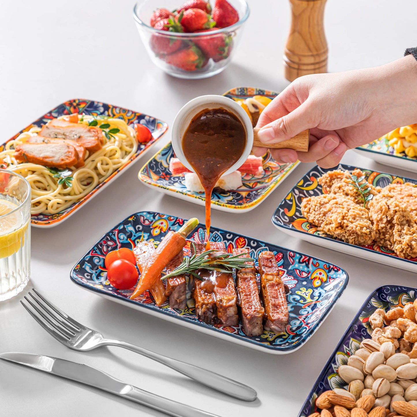 MALACASA Rectangular Porcelain Serving Plates Set For Beef Noodles Pasta