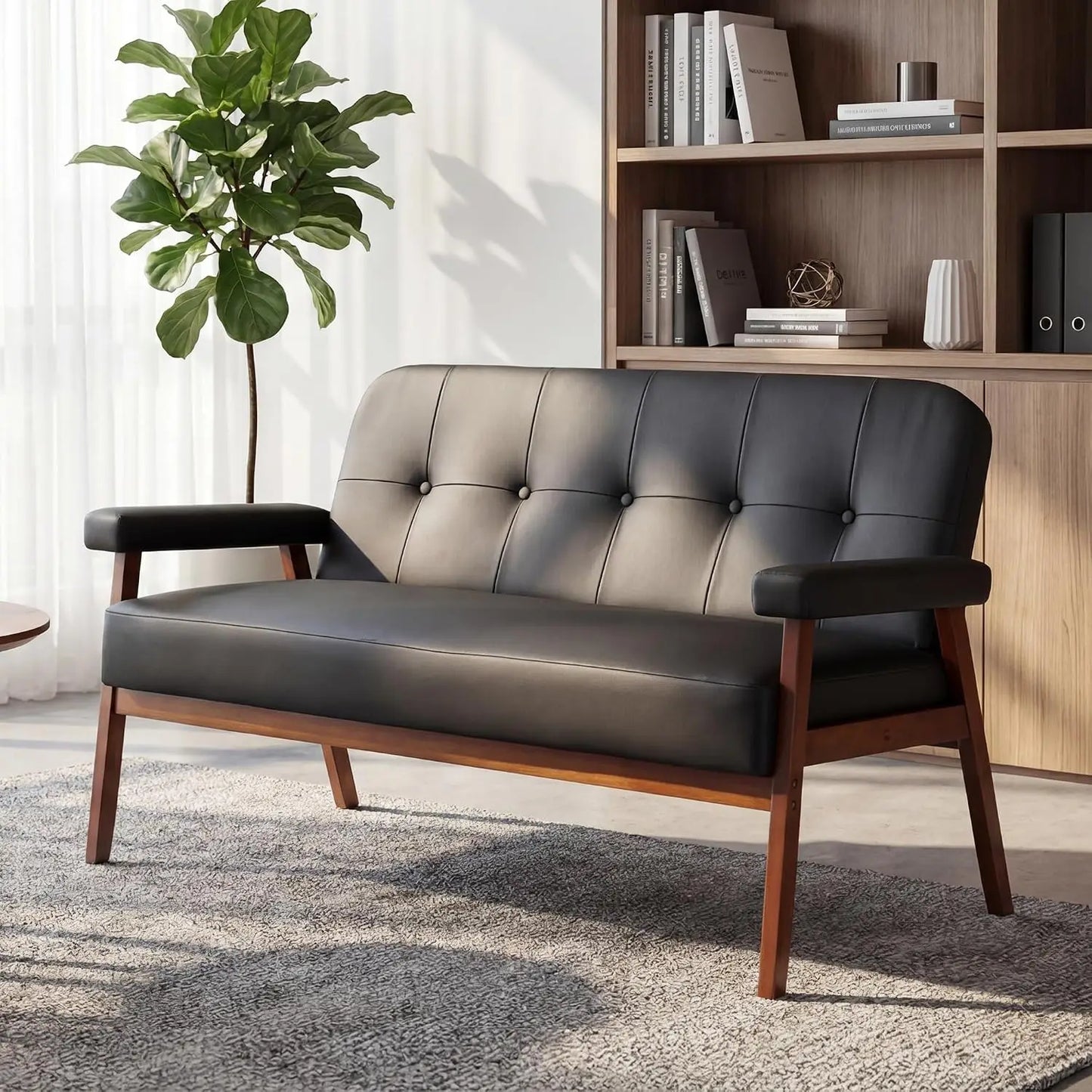 Mid Century Modern Faux Leather Office Loveseat With Wood Arms
