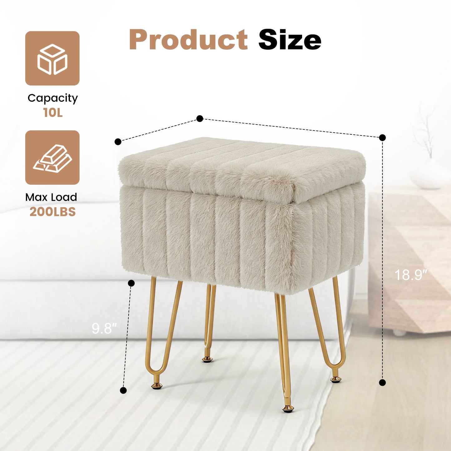 JHK Faux Fur Ottoman Vanity Stool With Storage