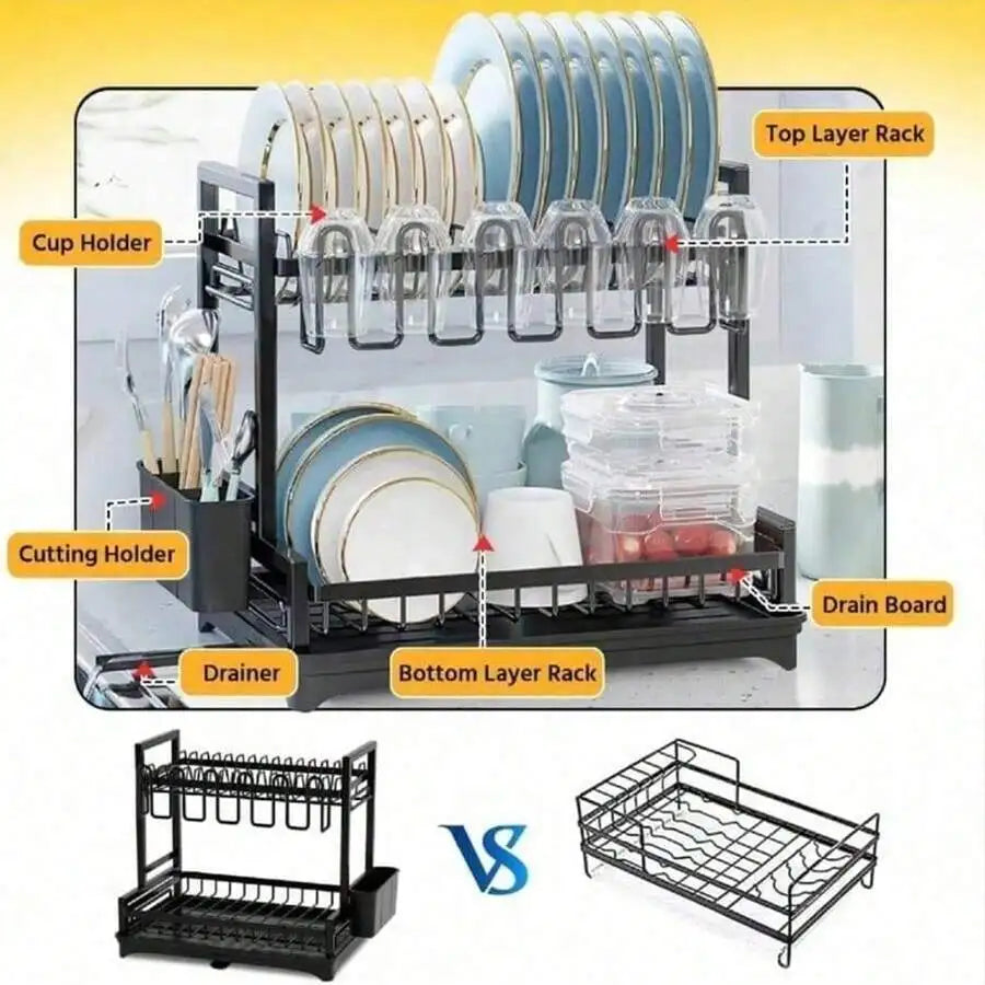 Two-Tier Stainless Steel Dish Rack With Drainer Plate And Cup Holder