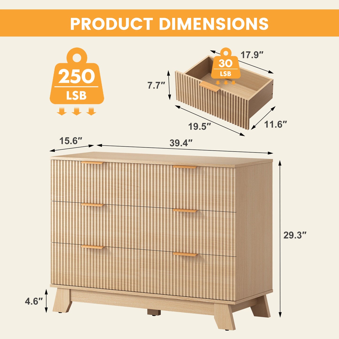 JHK Fluted Wooden Dresser With Gold Metal Handles