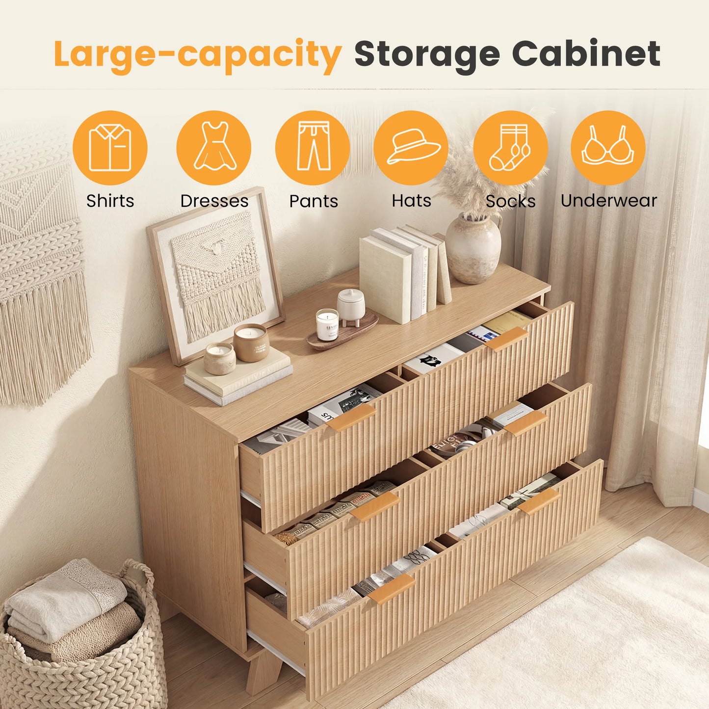 JHK Fluted Wooden Dresser With Gold Metal Handles
