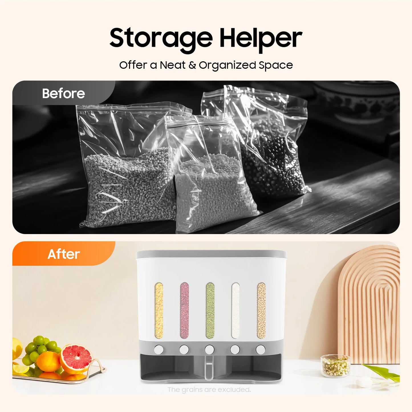 Wall Mounted 5-Compartment Rice Dispenser And Food Storage