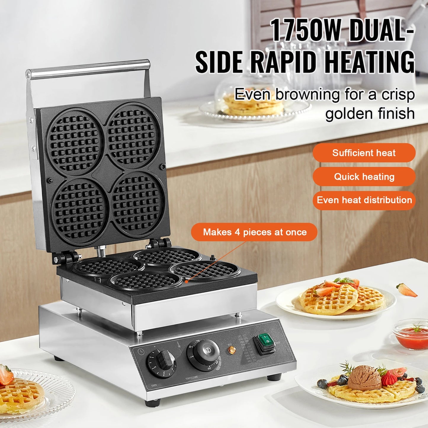 SucceBuy Commercial Waffle Maker 4-Piece Round Belgian Waffle Iron