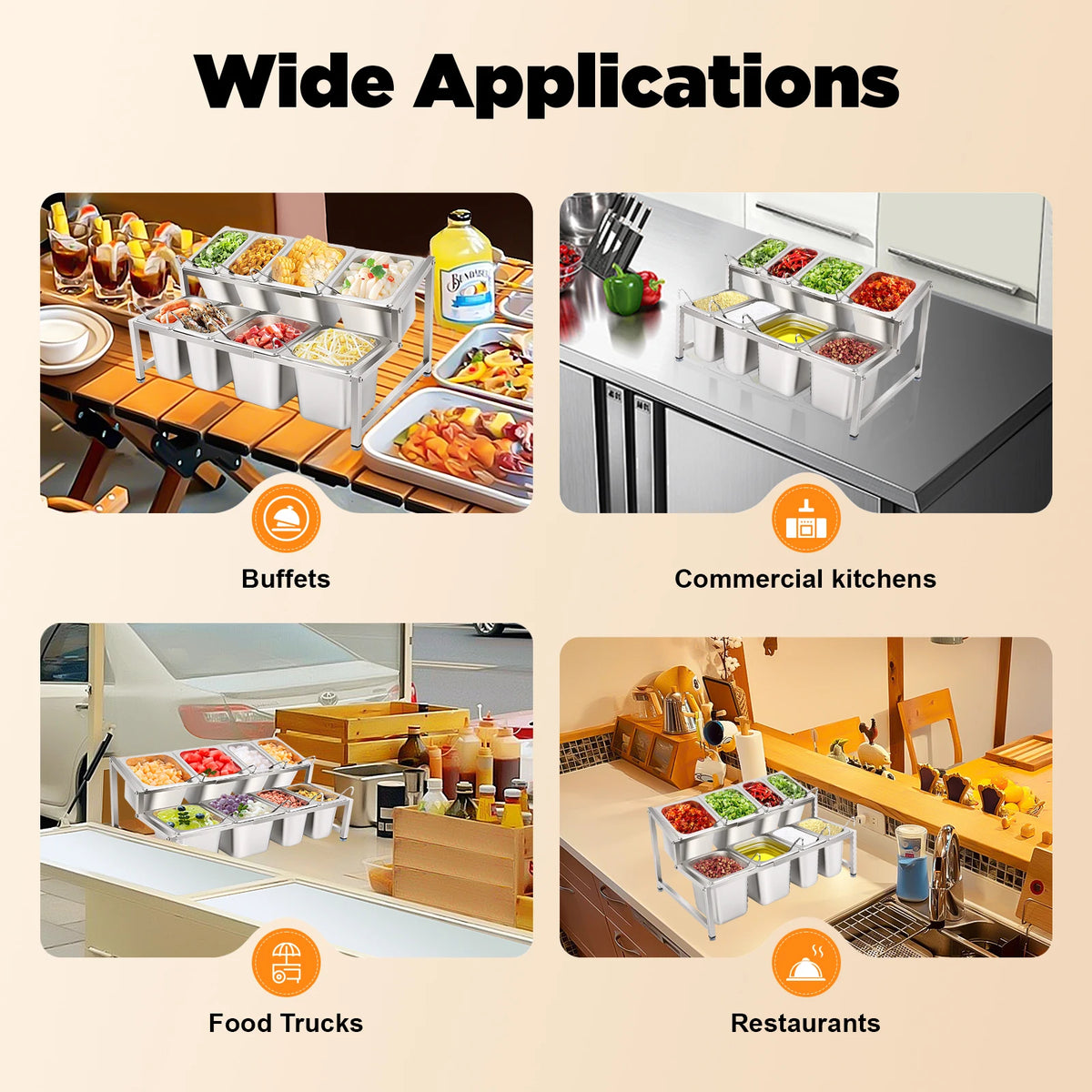 Expandable Stainless Steel Spice Rack With Food Pans And Lids