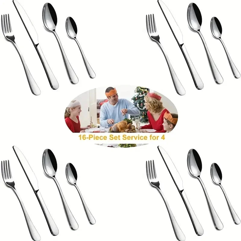 Stainless Steel Sixteen Piece Flatware Set For Home And Restaurant
