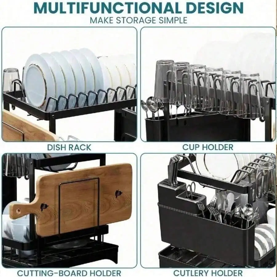 Two-Tier Stainless Steel Dish Rack With Drainer Plate And Cup Holder
