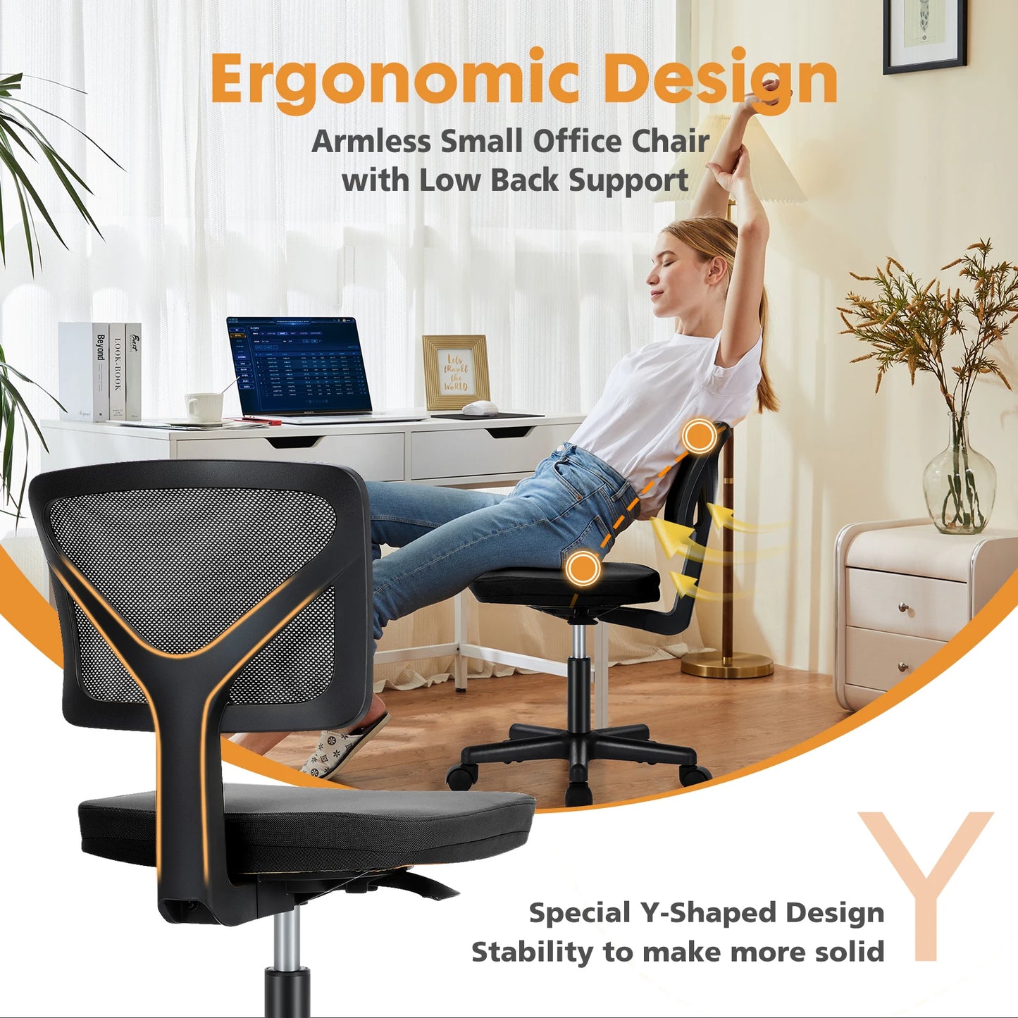 JHK Mesh Lumbar Support Armless Office Chair with Wheels
