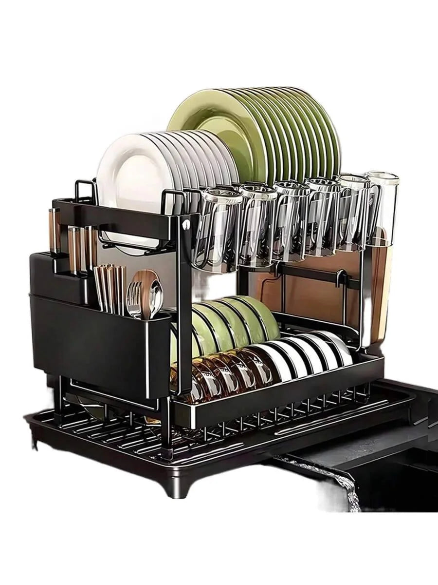 Two-Tier Stainless Steel Dish Rack With Drainer Plate And Cup Holder