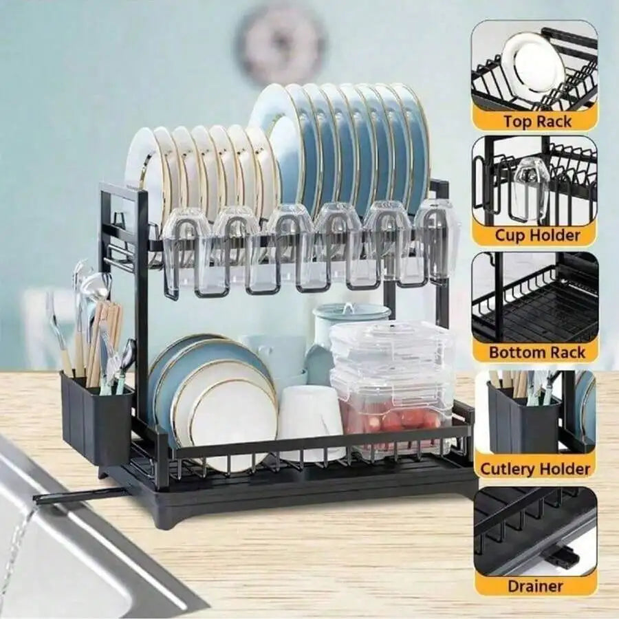 Two-Tier Stainless Steel Dish Rack With Drainer Plate And Cup Holder