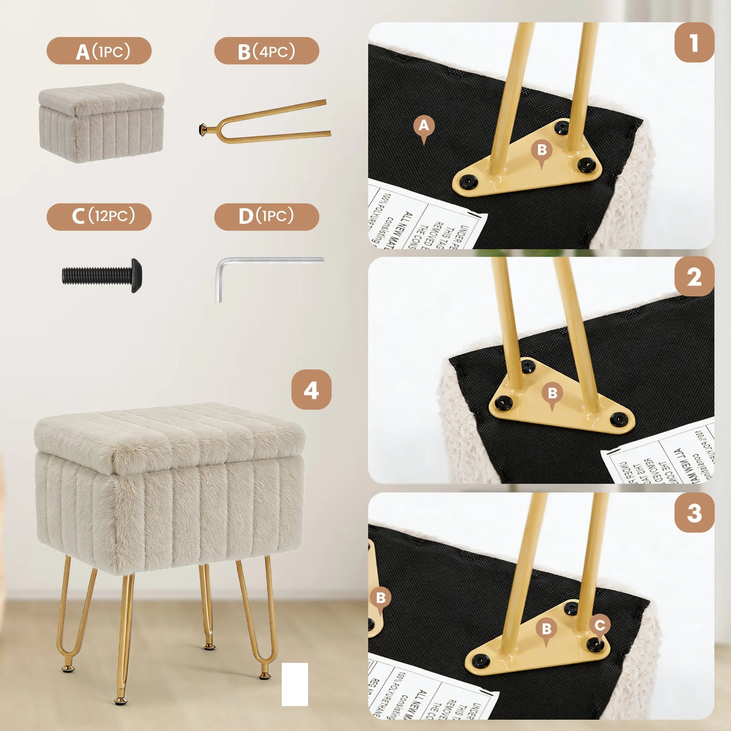 JHK Faux Fur Ottoman Vanity Stool With Storage