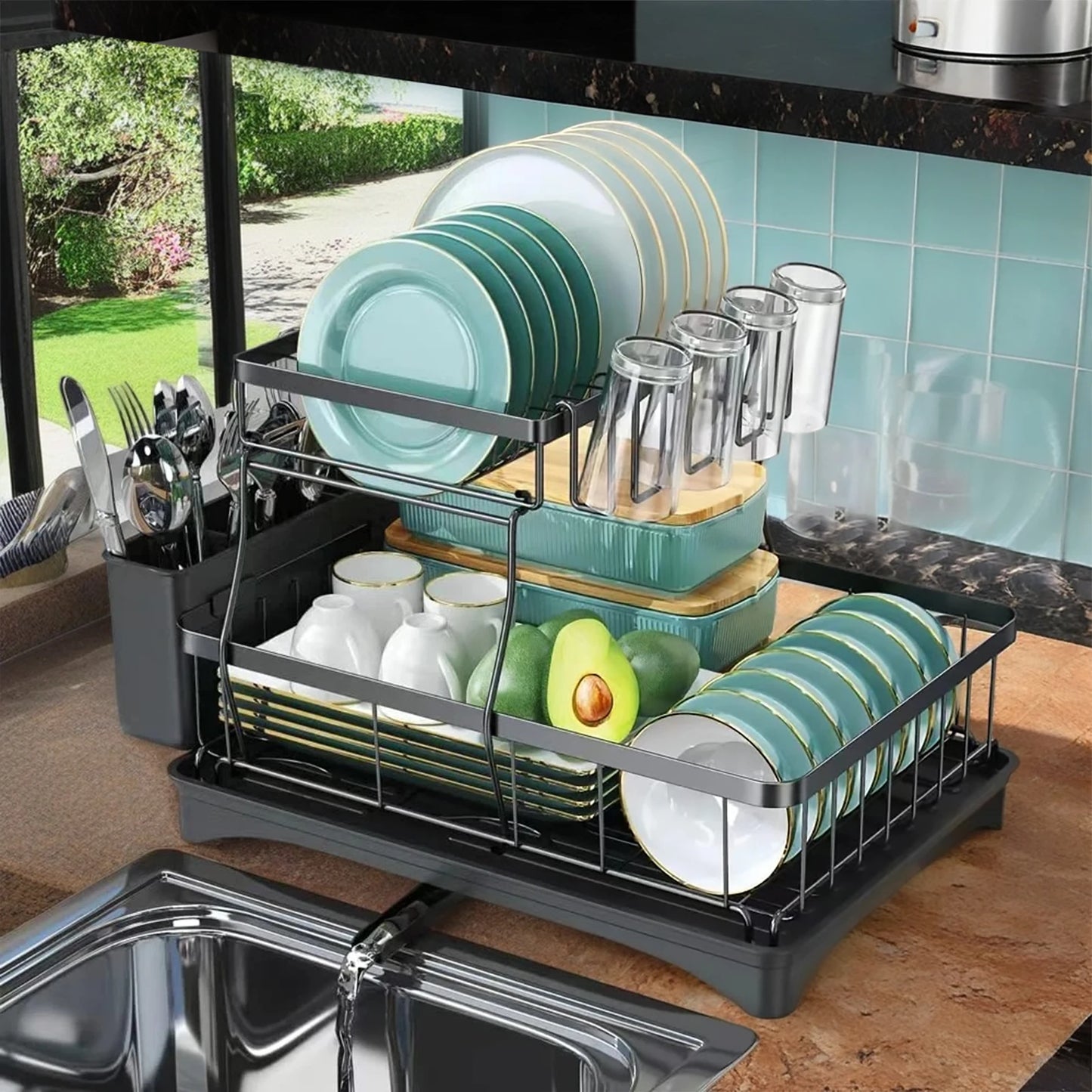 Two-Tier Dish Drying Rack for Kitchen Countertops, Removable