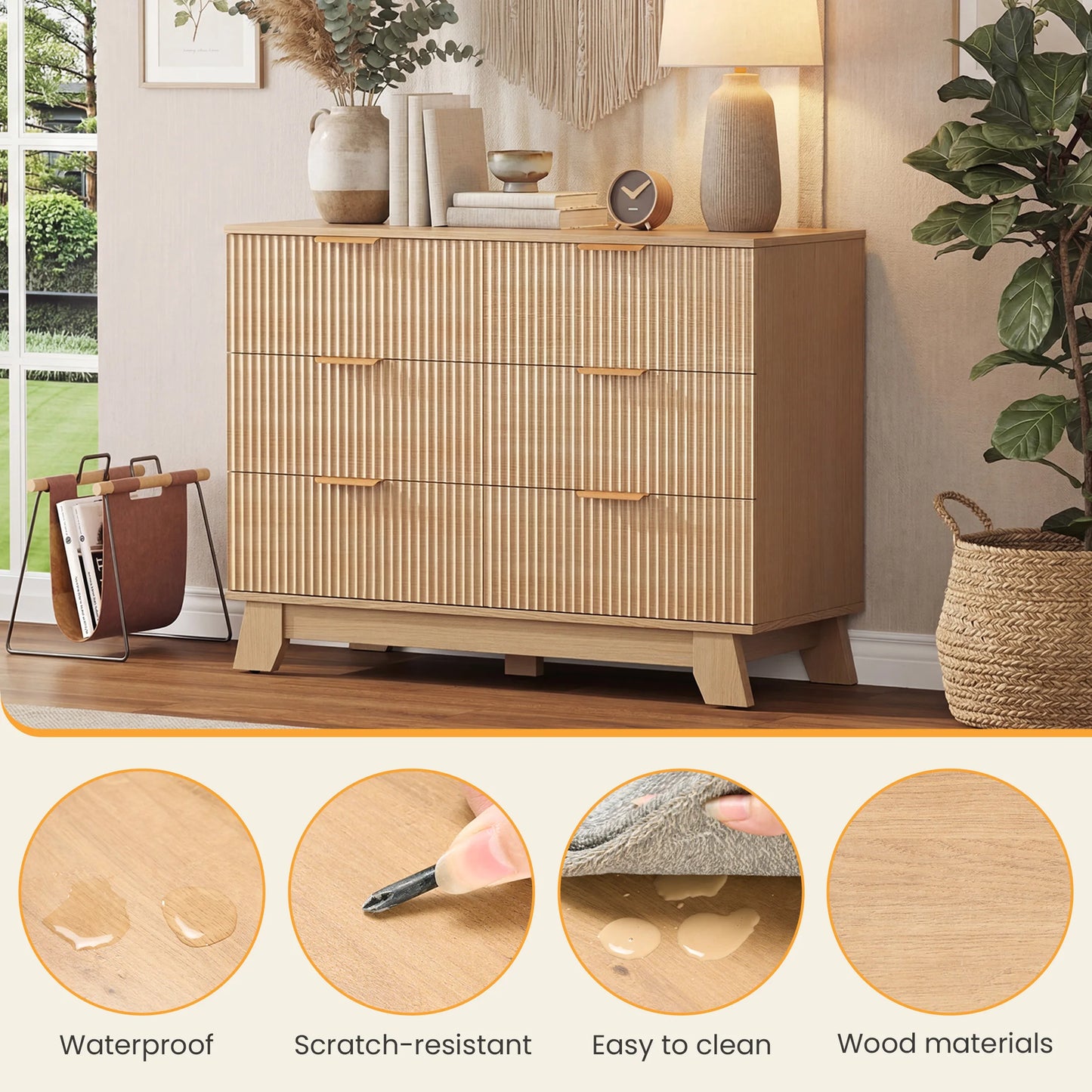 JHK Fluted Wooden Dresser With Gold Metal Handles