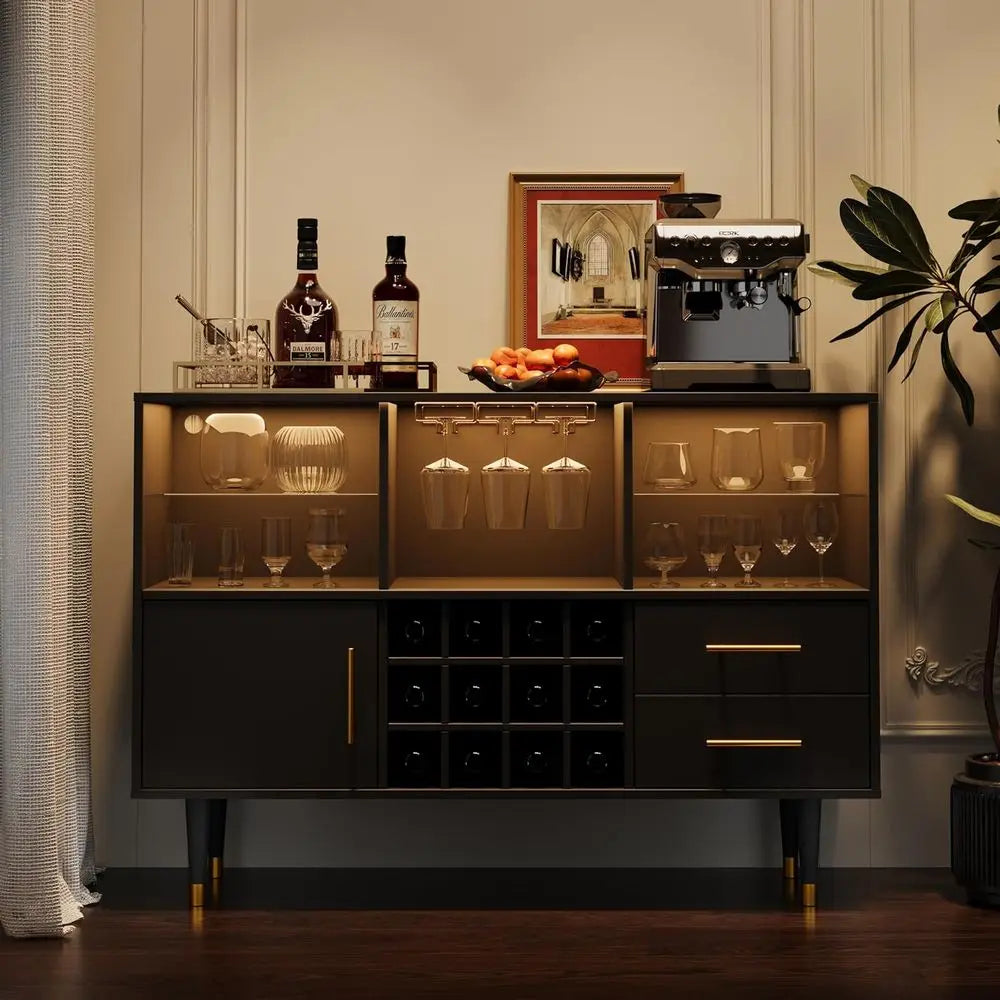 Bar Cabinet With Wine And Liquor Storage And LED Lighting