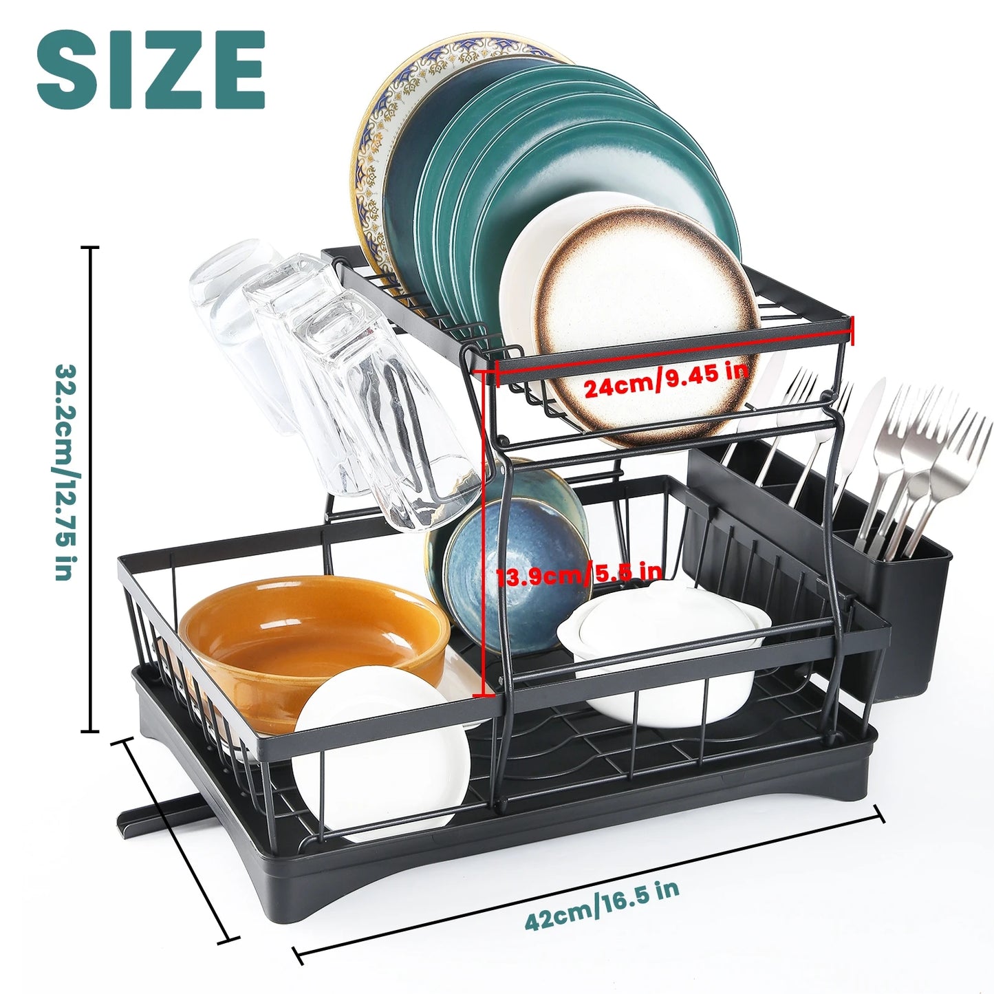 Two-Tier Dish Drying Rack for Kitchen Countertops, Removable