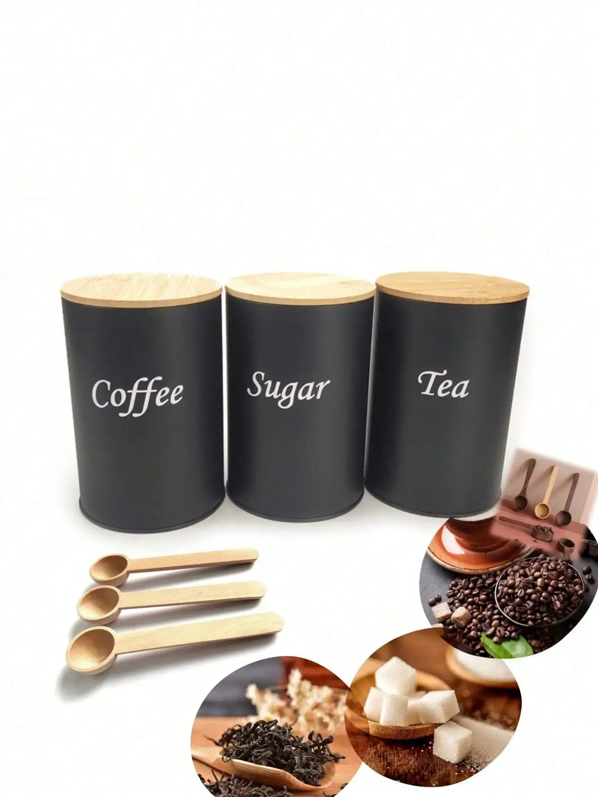 Farmhouse Coffee Tea Sugar Canister Set With Wooden Lids