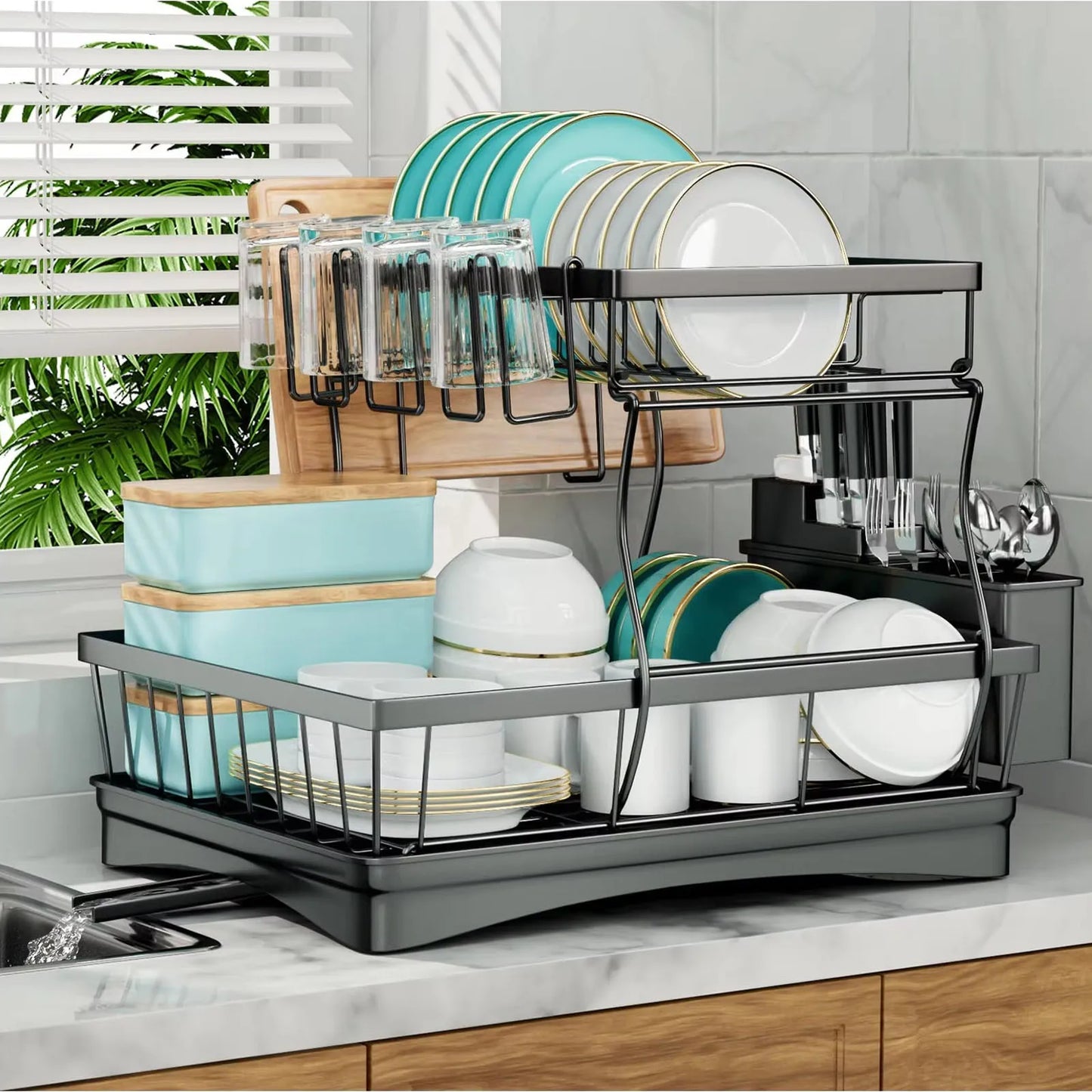 Two-Tier Dish Drying Rack for Kitchen Countertops, Removable