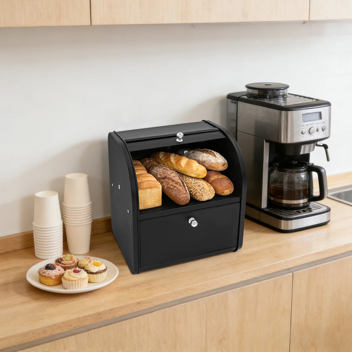 Two Tier Roll Top Bread Box With Ventilated Storage Container