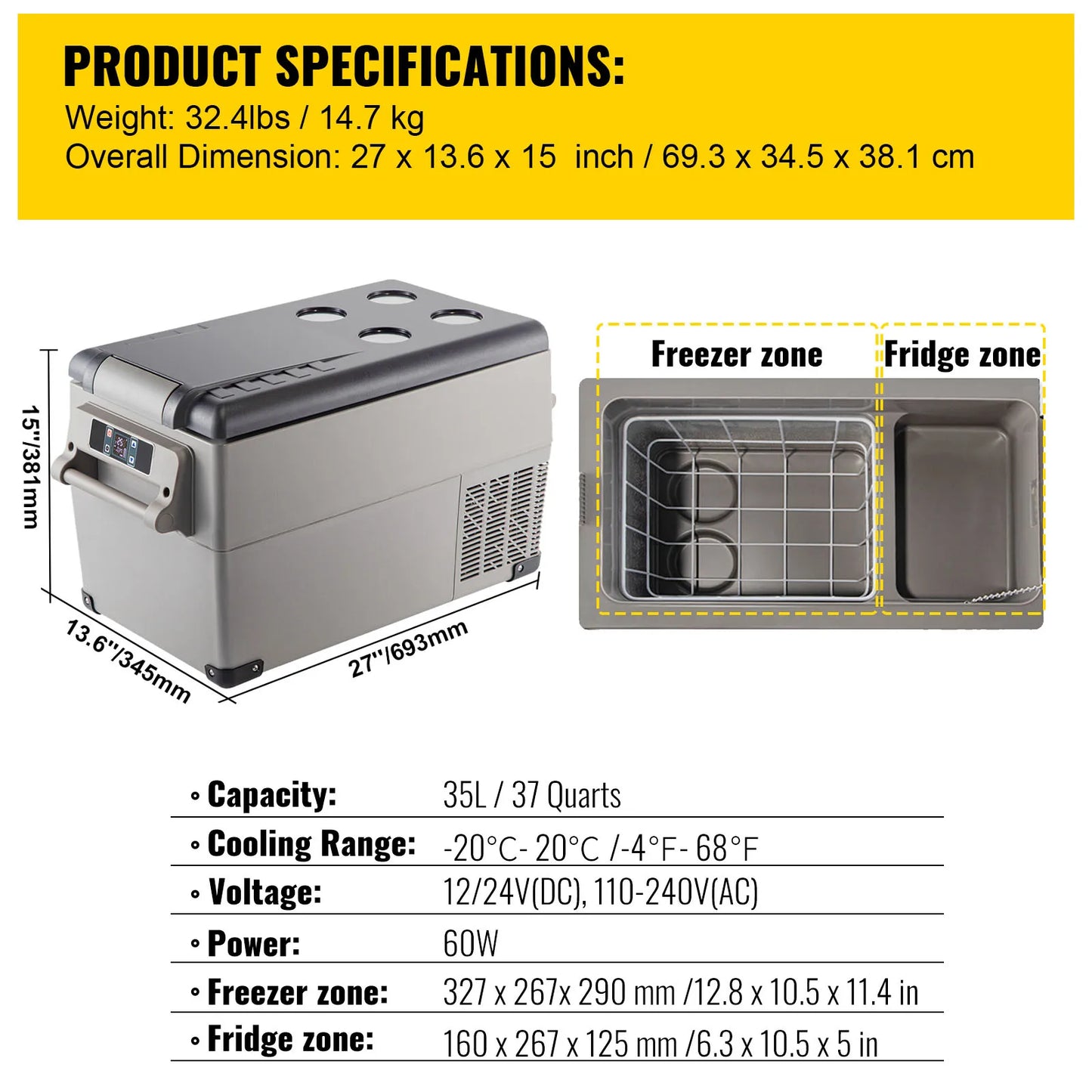 SucceBuy Car Refrigerator Portable Compressor Cooler Mini Fridge 12V DC