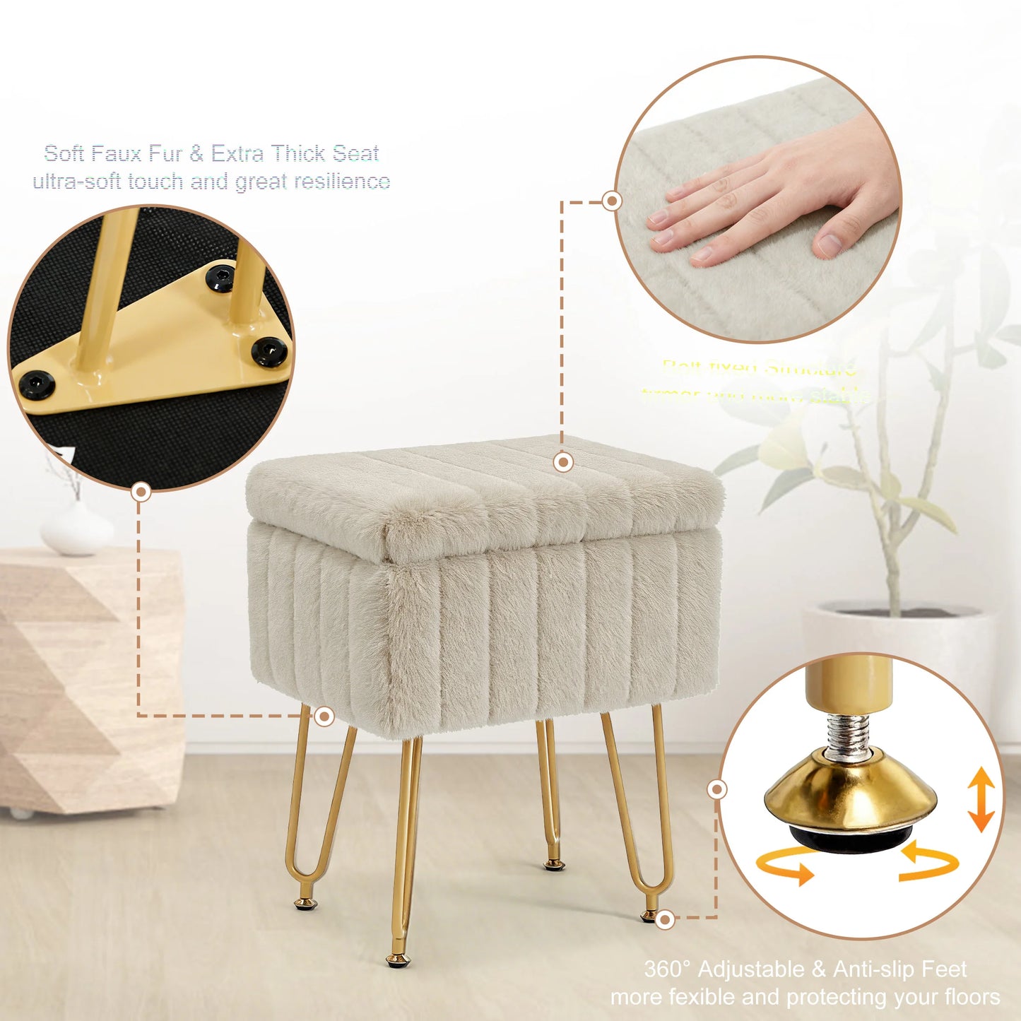 JHK Faux Fur Ottoman Vanity Stool With Storage