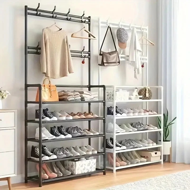 Entryway Shoe and Accessory Rack With Double Row Hooks