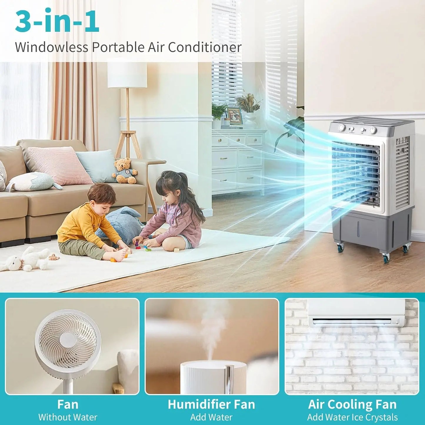 Portable Swamp Cooler With Wheels 2500 CFM Evaporative 3-In-1