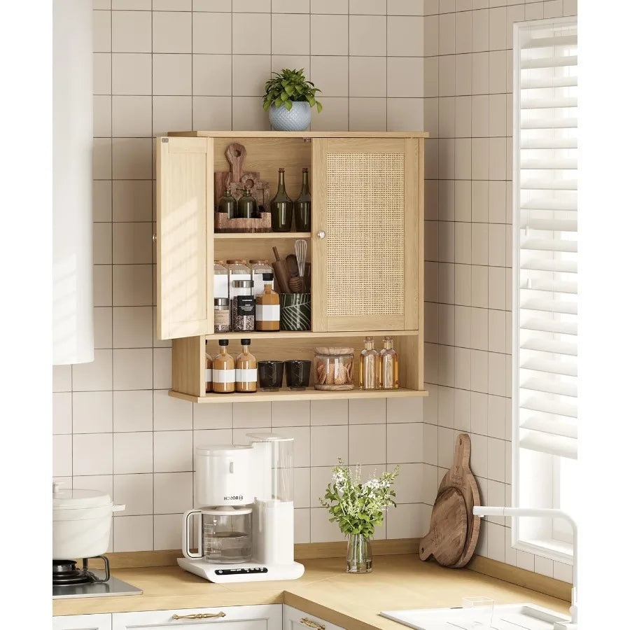 XIUWO Bathroom Wall Cabinet With Adjustable Shelves And Rattan Doors
