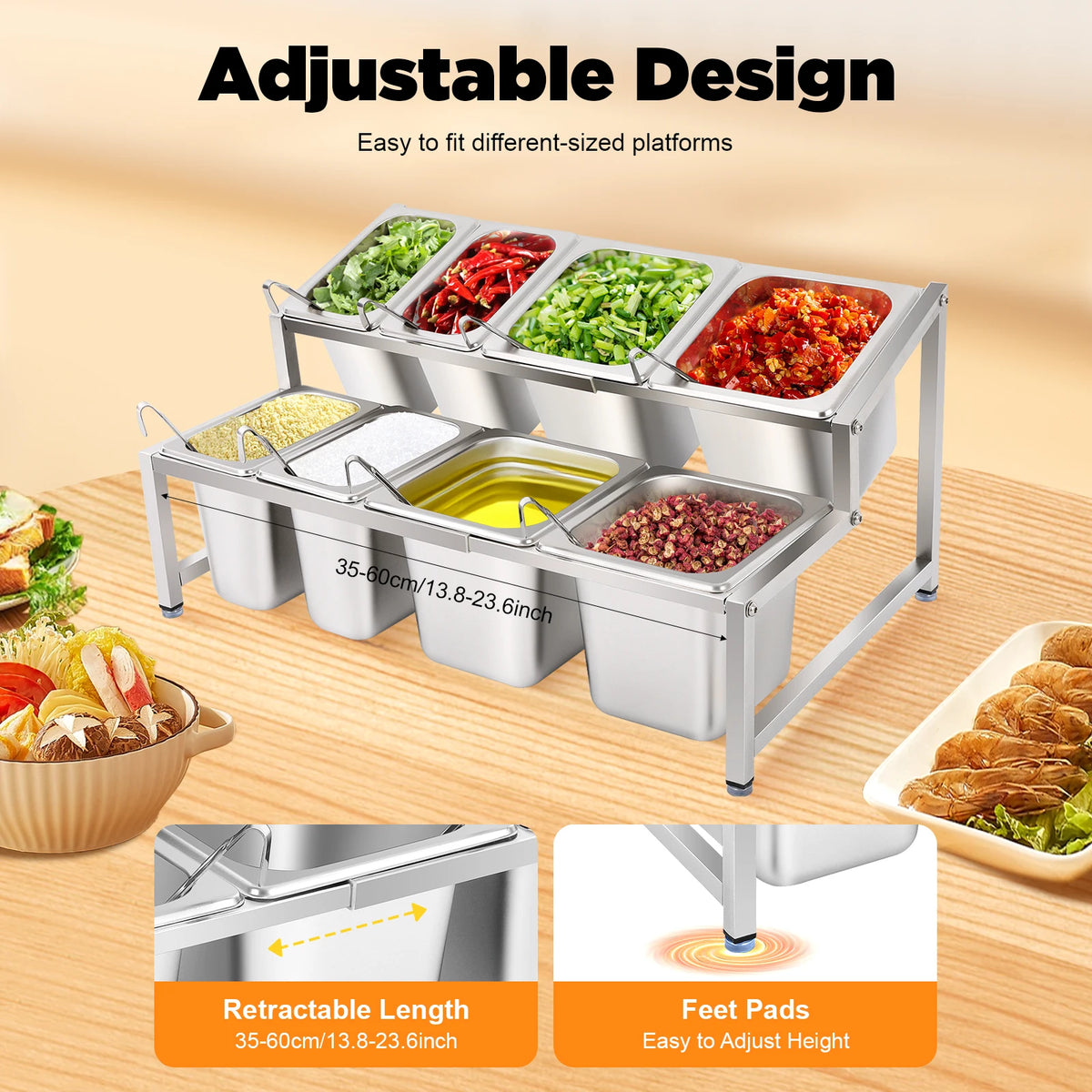 Expandable Stainless Steel Spice Rack With Food Pans And Lids