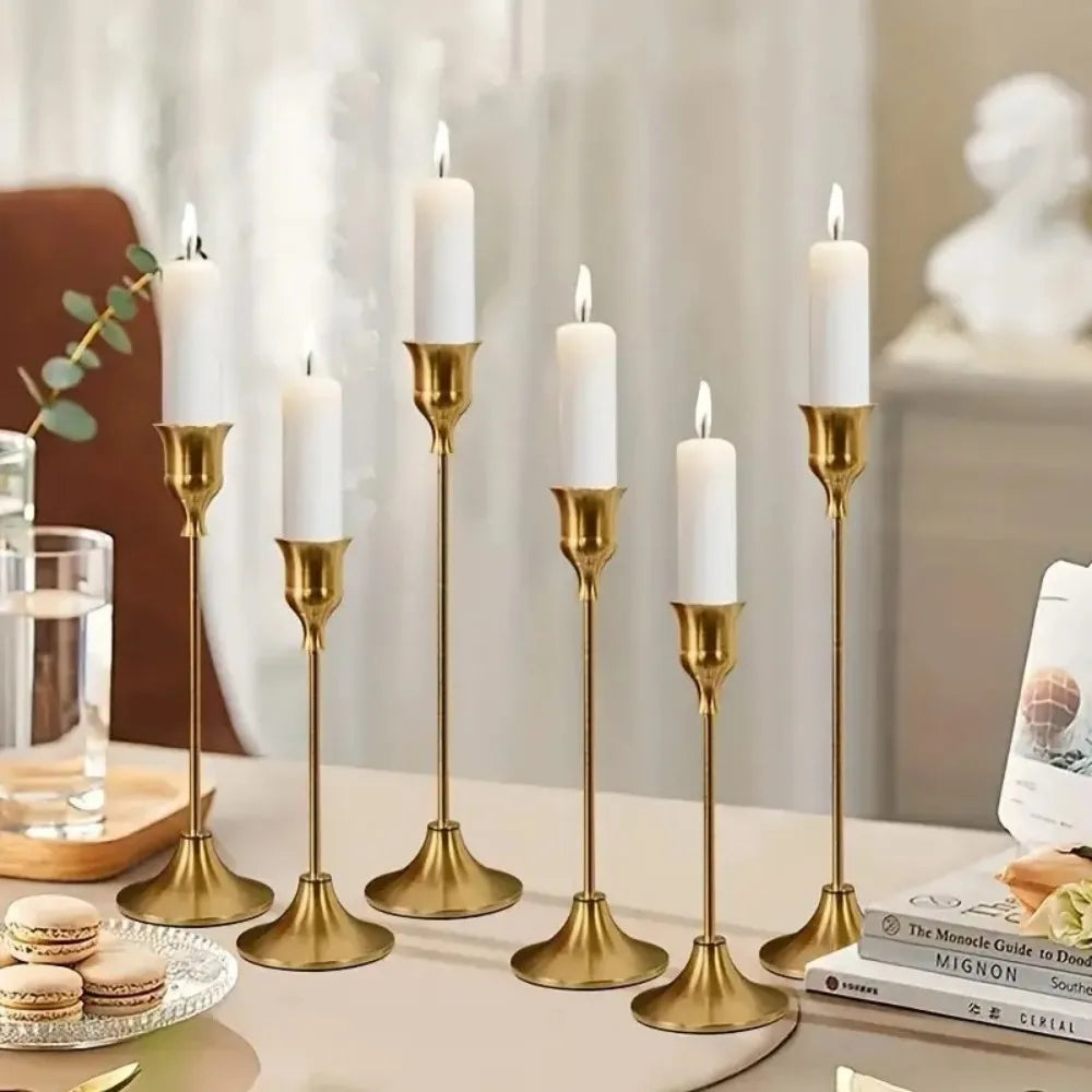 Gold Metal Candlestick Set, Taper Candle Holders For Home Decor