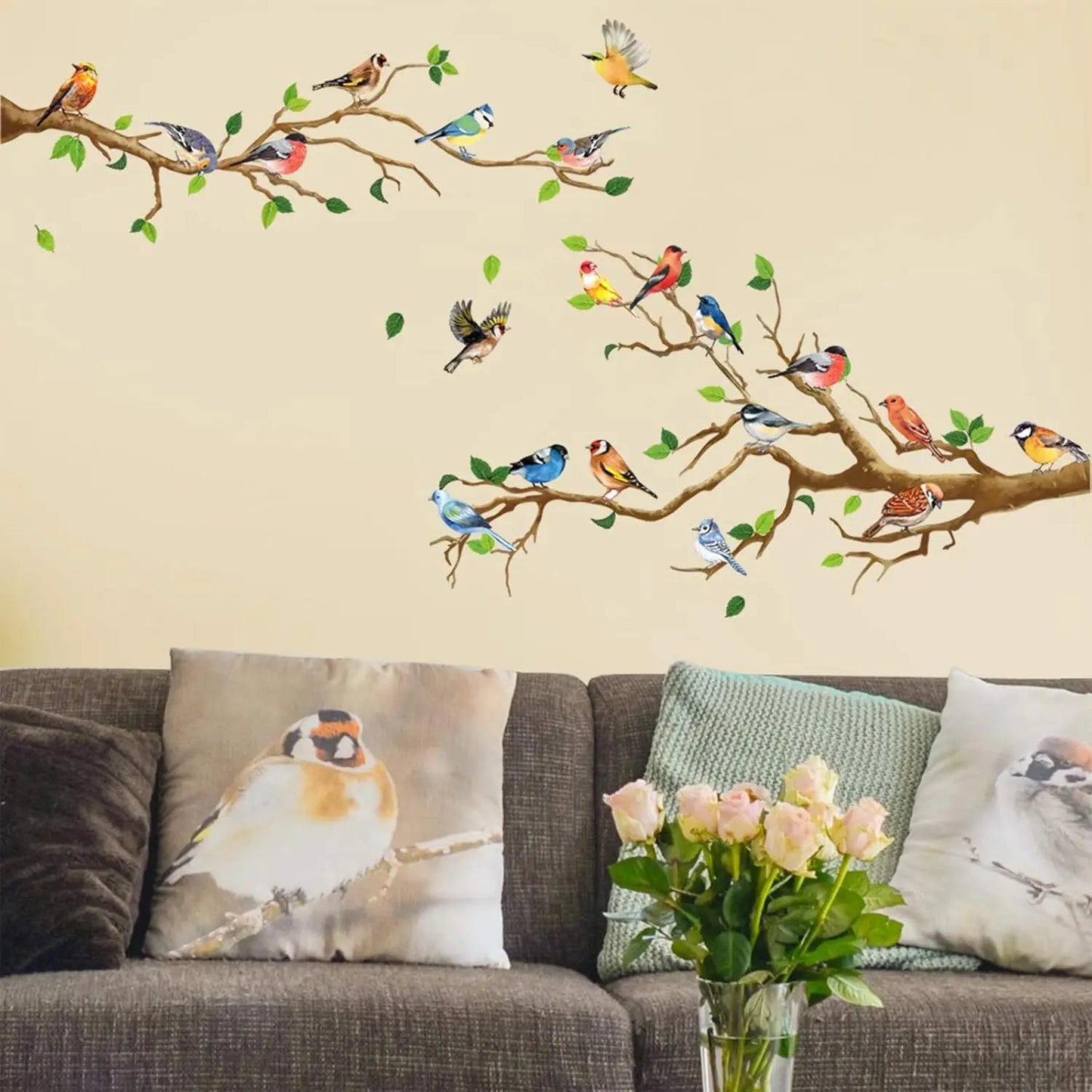 Hummingbird Tree Branch Wall Sticker Green Leaves Vinyl Decal