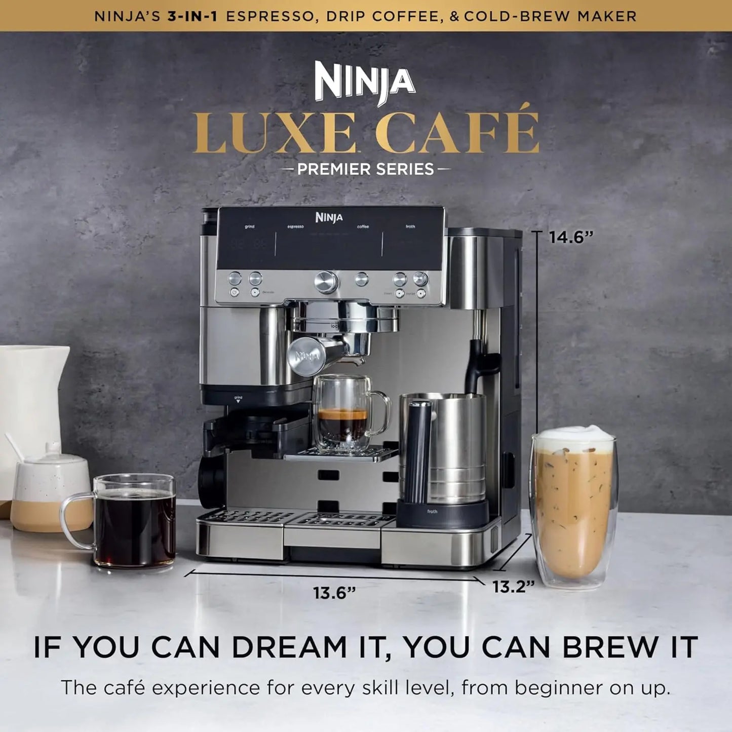 Luxe Café Premier 3-In-1 Espresso Machine With Built-In Grinder