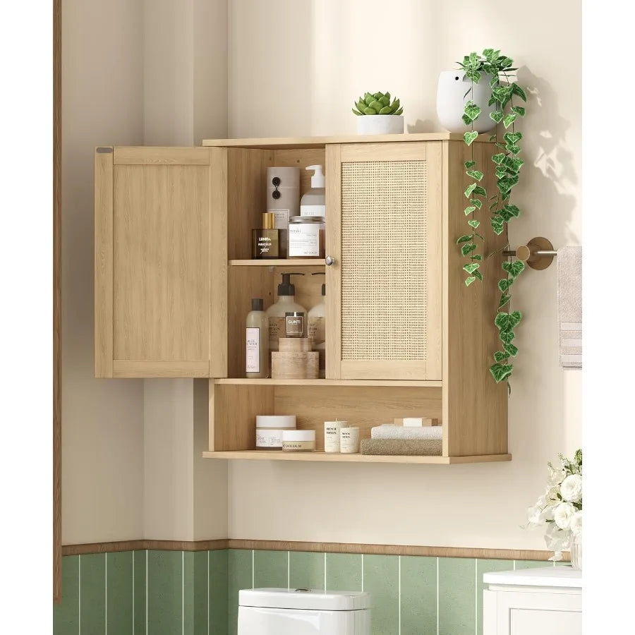 XIUWO Bathroom Wall Cabinet With Adjustable Shelves And Rattan Doors