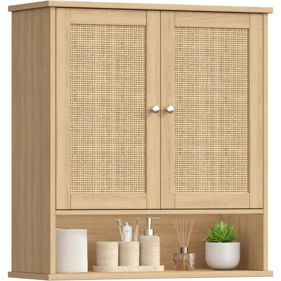 XIUWO Bathroom Wall Cabinet With Adjustable Shelves And Rattan Doors