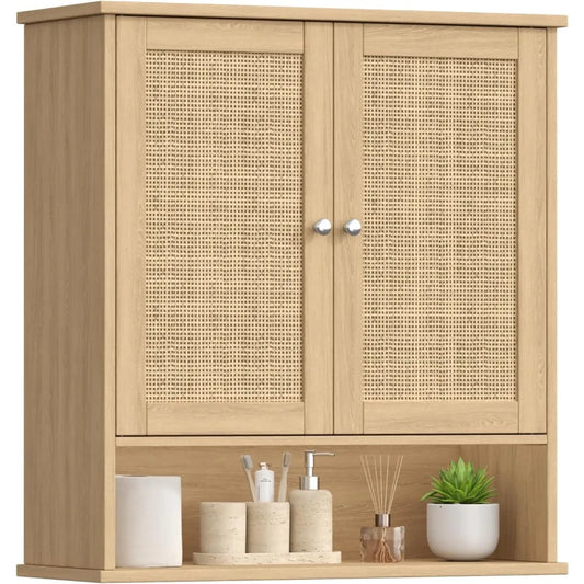 XIUWO Bathroom Wall Cabinet With Adjustable Shelves And Rattan Doors
