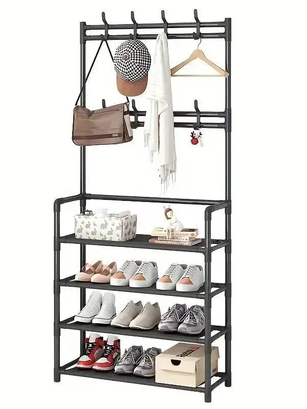 Entryway Shoe and Accessory Rack With Double Row Hooks