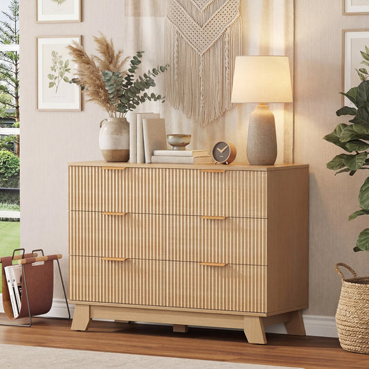 JHK Fluted Wooden Dresser With Gold Metal Handles