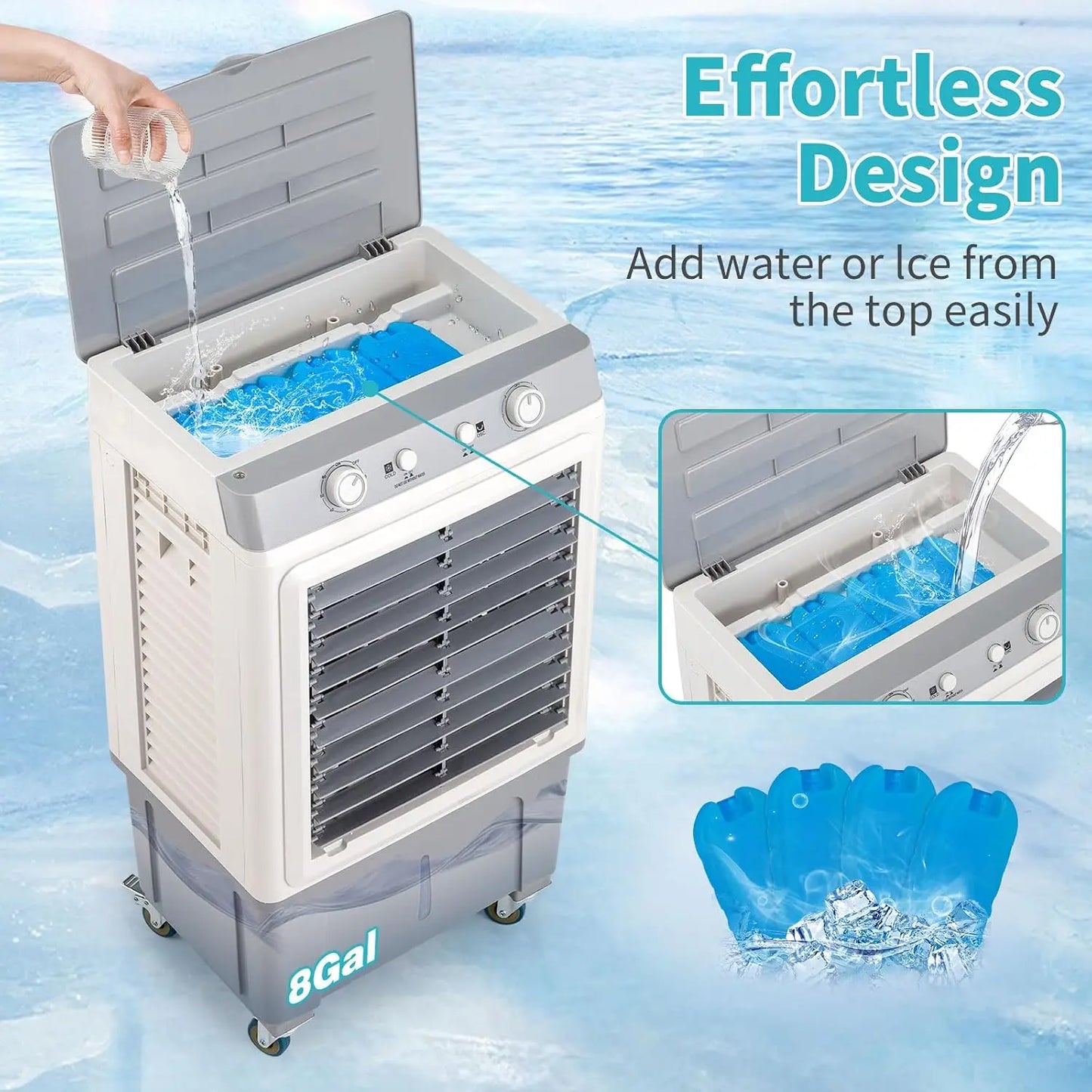 Portable Swamp Cooler With Wheels 2500 CFM Evaporative 3-In-1