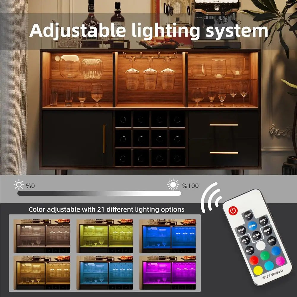 Bar Cabinet With Wine And Liquor Storage And LED Lighting