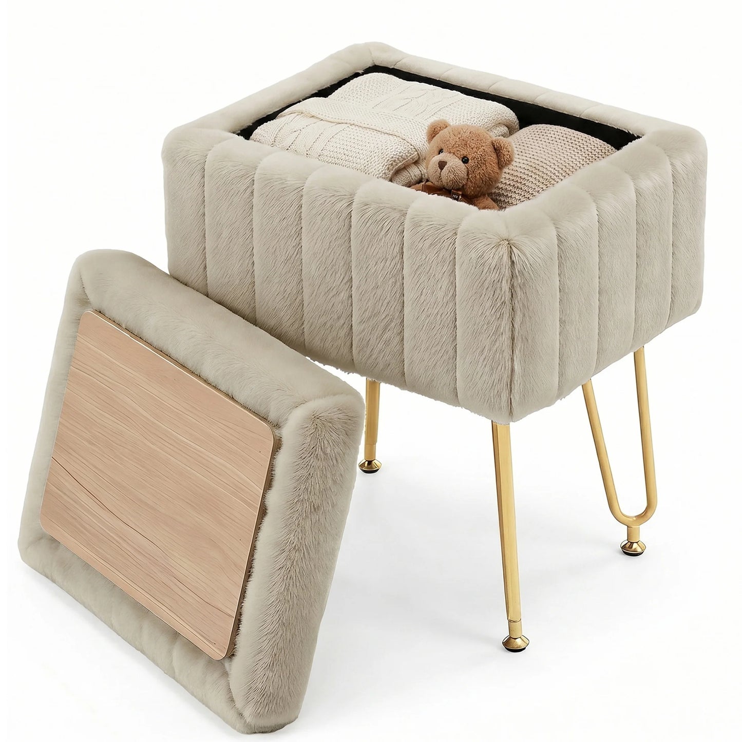 JHK Faux Fur Ottoman Vanity Stool With Storage