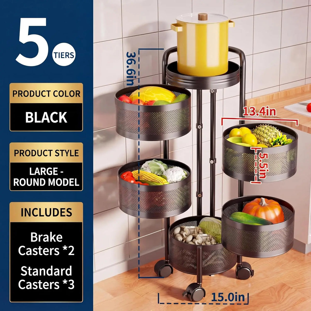 Tacleekii 5 Tier Rotating Kitchen Storage Cart With Wheels
